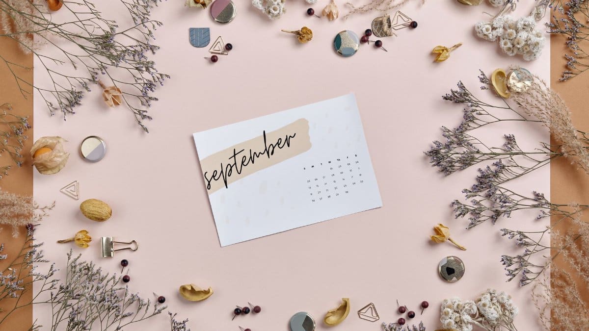 An elegant September calendar surrounded by dried flowers and decorative elements, offering ample copy space.