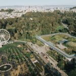 Breathtaking aerial view of Golden Gate Park featuring a Ferris wheel and lush greenery in San Francisco.