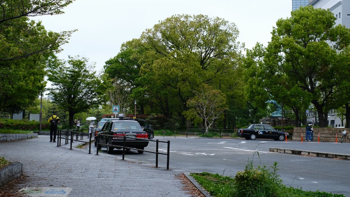 Scenic view of a city street with parked taxi and lush green trees in springtime.