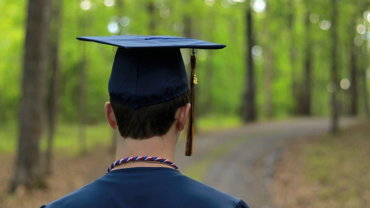 A graduate in cap and gown stands on a path amid vibrant green trees, symbolizing a journey forward.