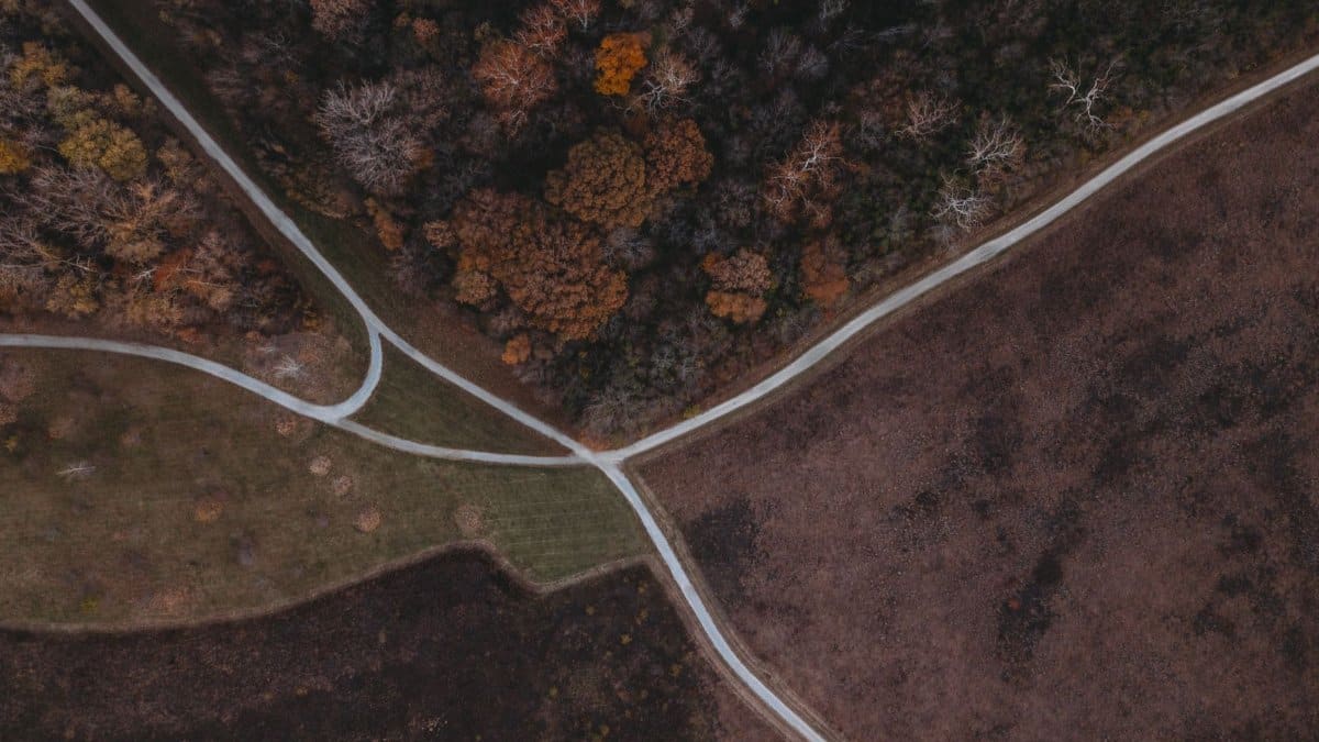 Drone shot capturing brown fields, intersecting roads, and scenic autumn trees.