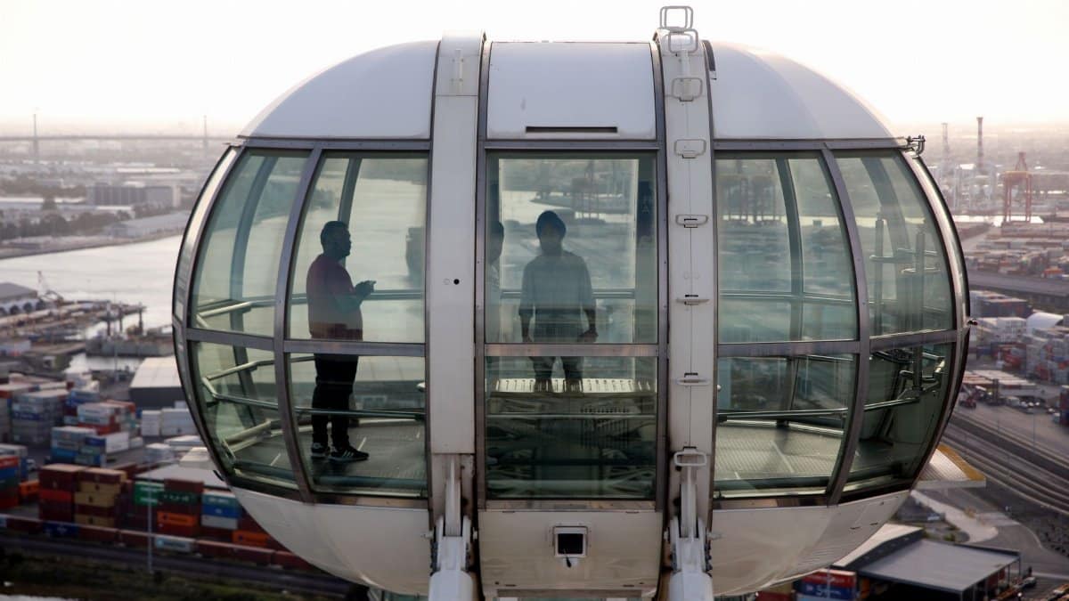 A unique perspective of the Docklands, Victoria, skyline from an observation wheel capsule.