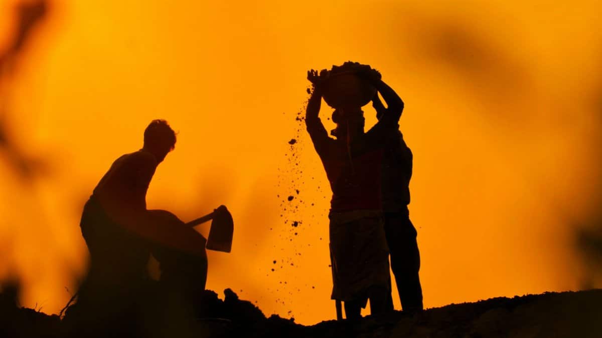 Silhouette of workers standing and handling soil during sunset, showcasing rural life.