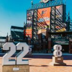 View of Eutaw Street entrance at Camden Yards adorned with Baltimore Orioles signage and team monuments.