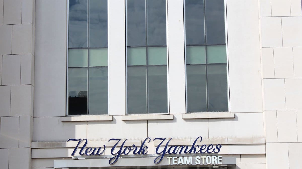 Close-up of the New York Yankees Team Store facade, featuring modern architecture.