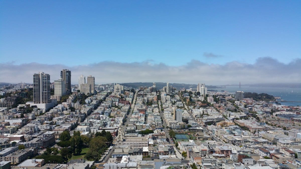 Panoramic view of San Francisco with iconic Coit Tower and skyline on a clear day.