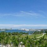 Discover the vibrant Miami skyline overlooking lush green parks and clear blue skies.