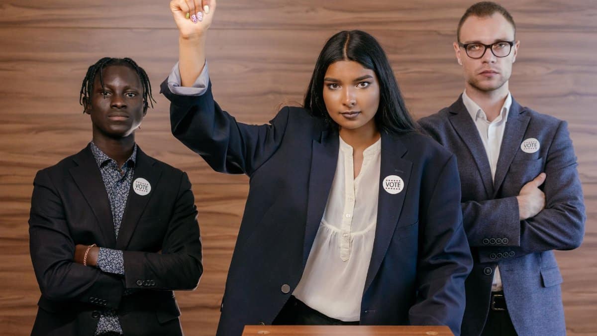 Determined political leaders standing together, promoting voter engagement.