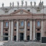 Detailed view of the iconic St Peter's Basilica front in Vatican City, highlighting its architectural grandeur.