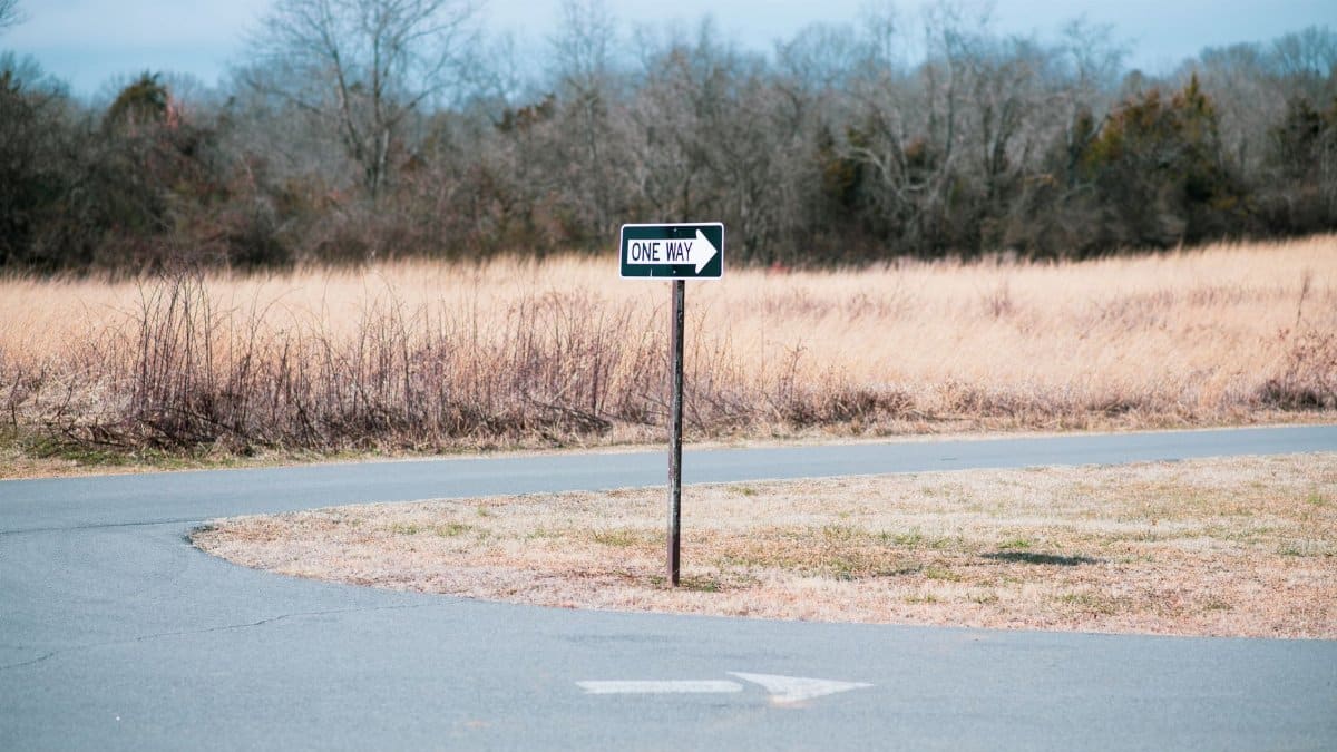 A scenic rural road with a one way sign in an autumn landscape, highlighting direction and nature.