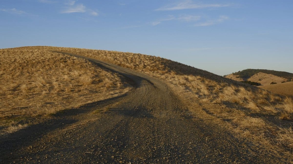 A sunlit dirt road winds through arid countryside hills, showcasing natural rural beauty.
