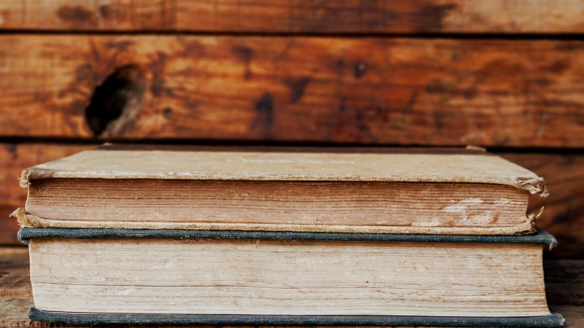 Close-up of two vintage books stacked against a rustic wooden backdrop, highlighting texture and age.