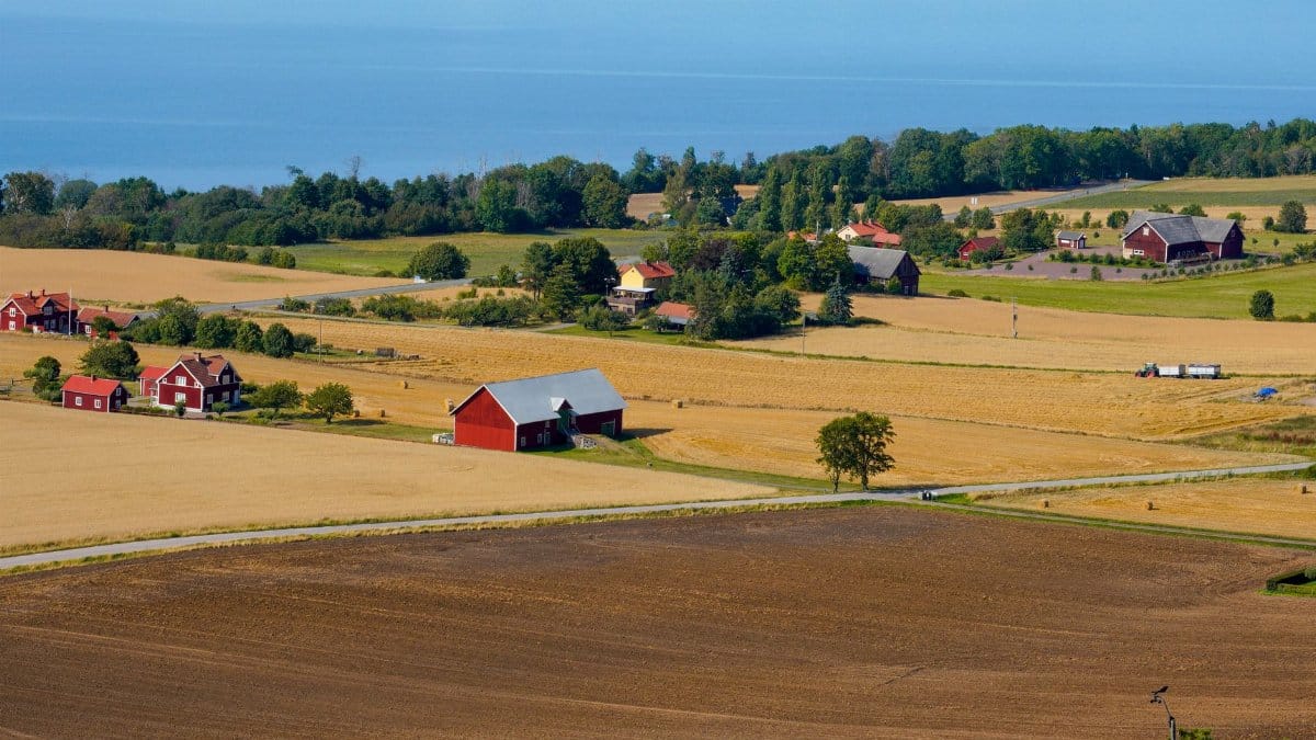 Picturesque view of a rural landscape in Jönköpings län, Sweden featuring red barns and fields.