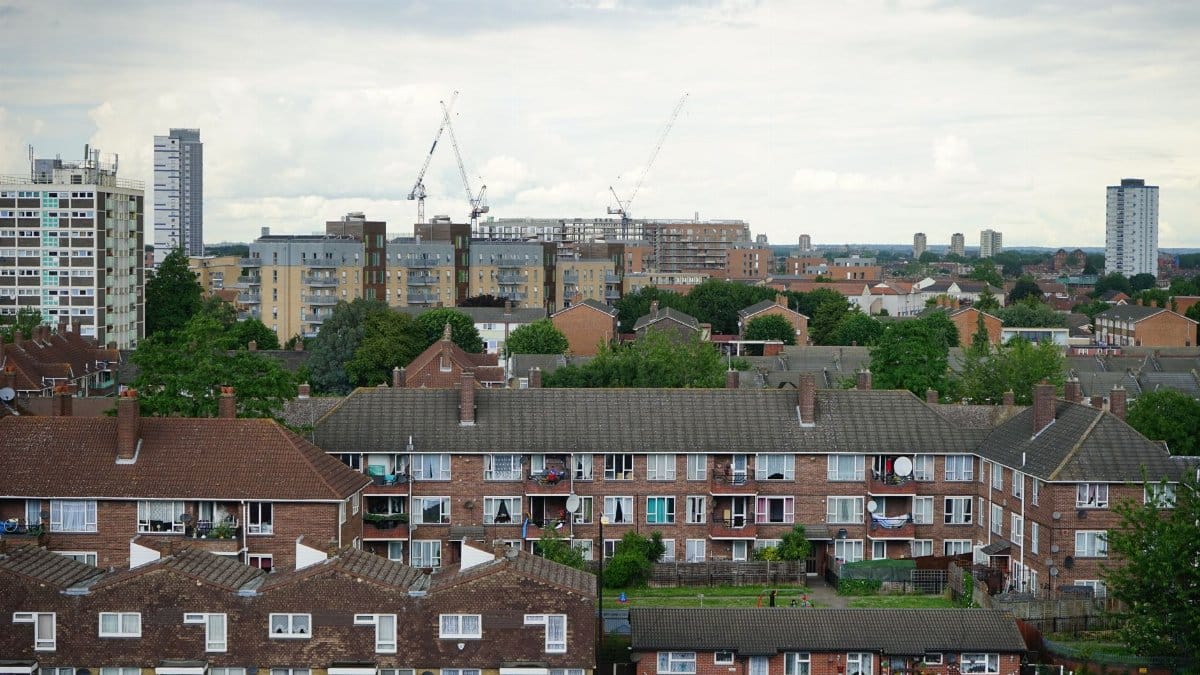 Aerial view of residential buildings in Greater London showcasing urban housing.