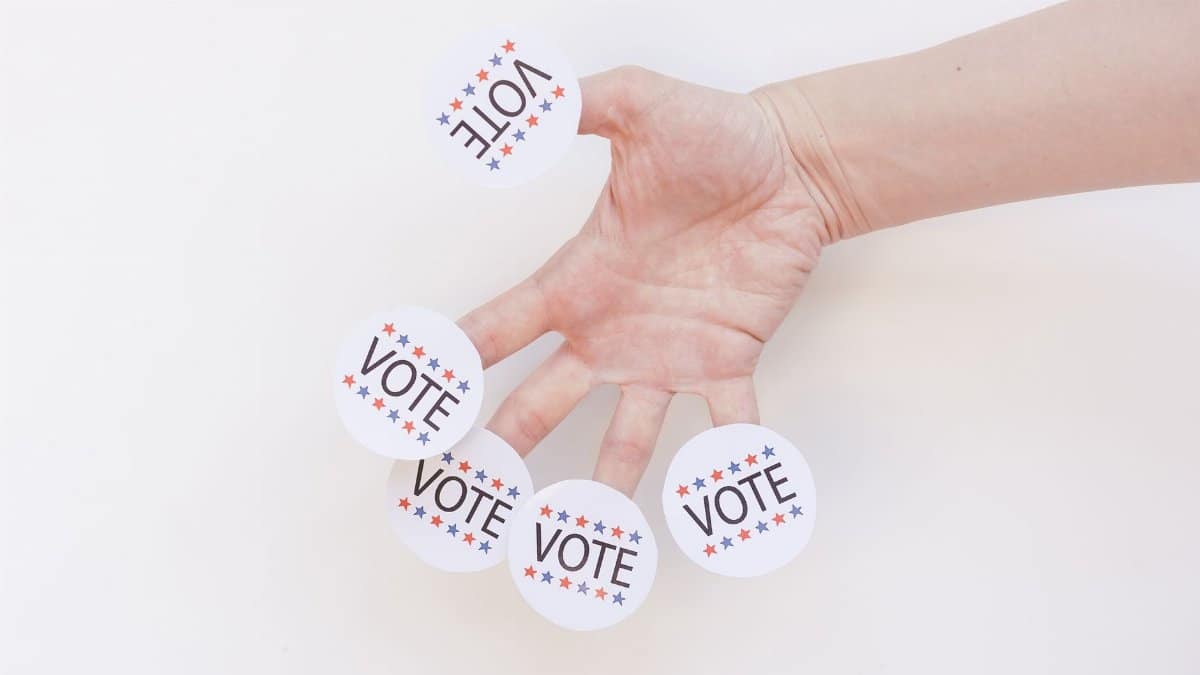 A hand displays several 'Vote' stickers on a white background, symbolizing political participation.