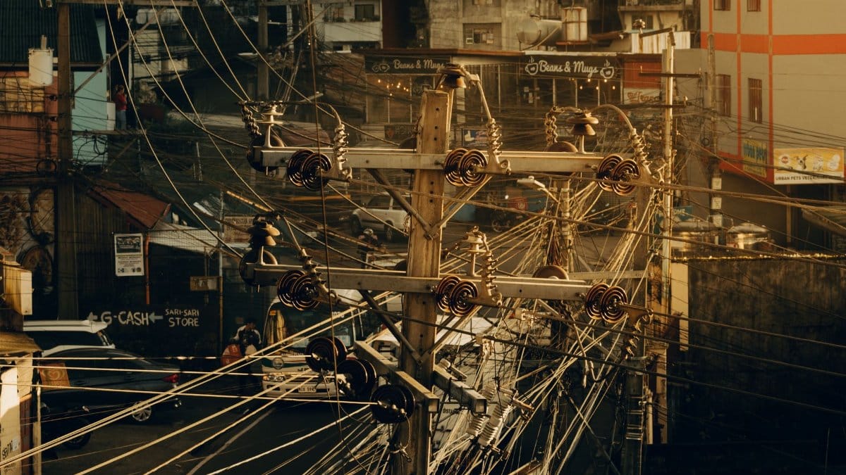 Tangled power lines in an urban setting revealing intricate connections.