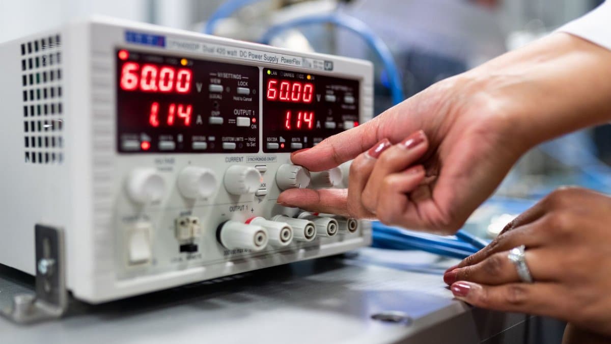 Close-up of a woman adjusting a DC power supply in a lab setting, indicating a hands-on approach to scientific research.