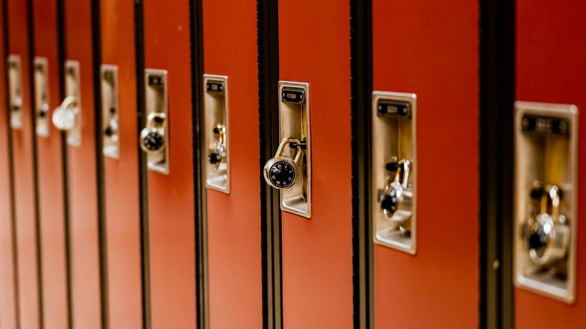 A line of brown school lockers with padlocks arranged indoors, providing secure storage.