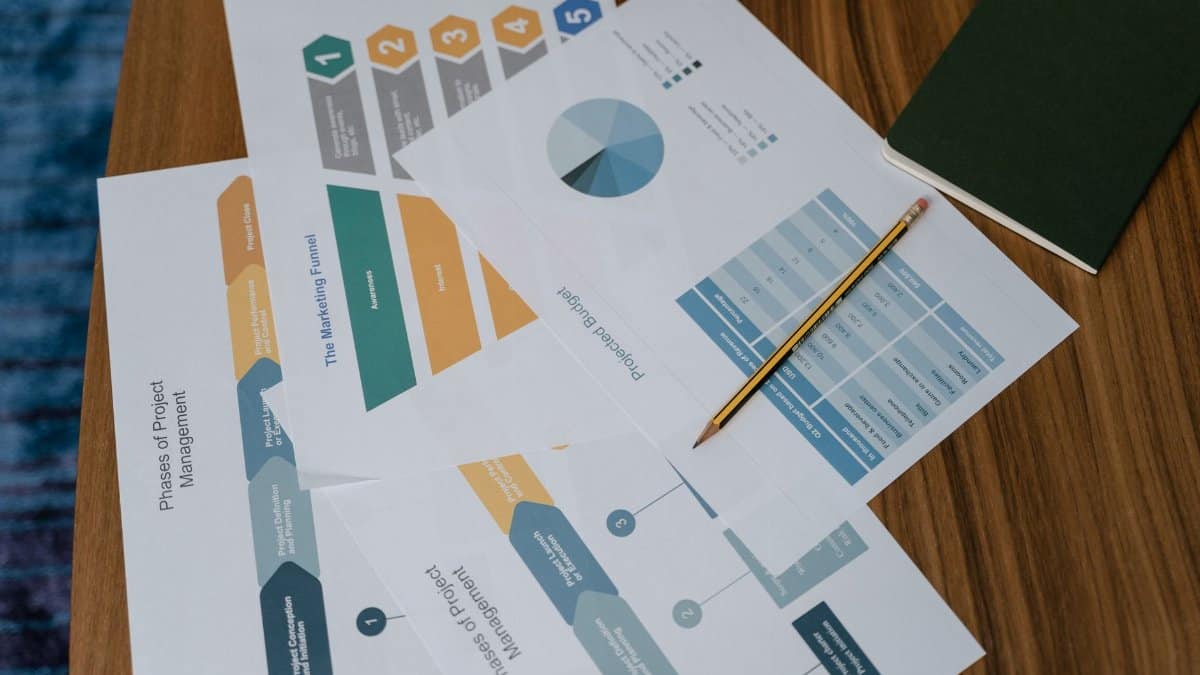 Overhead view of project management documents and charts on a desk with a pencil.