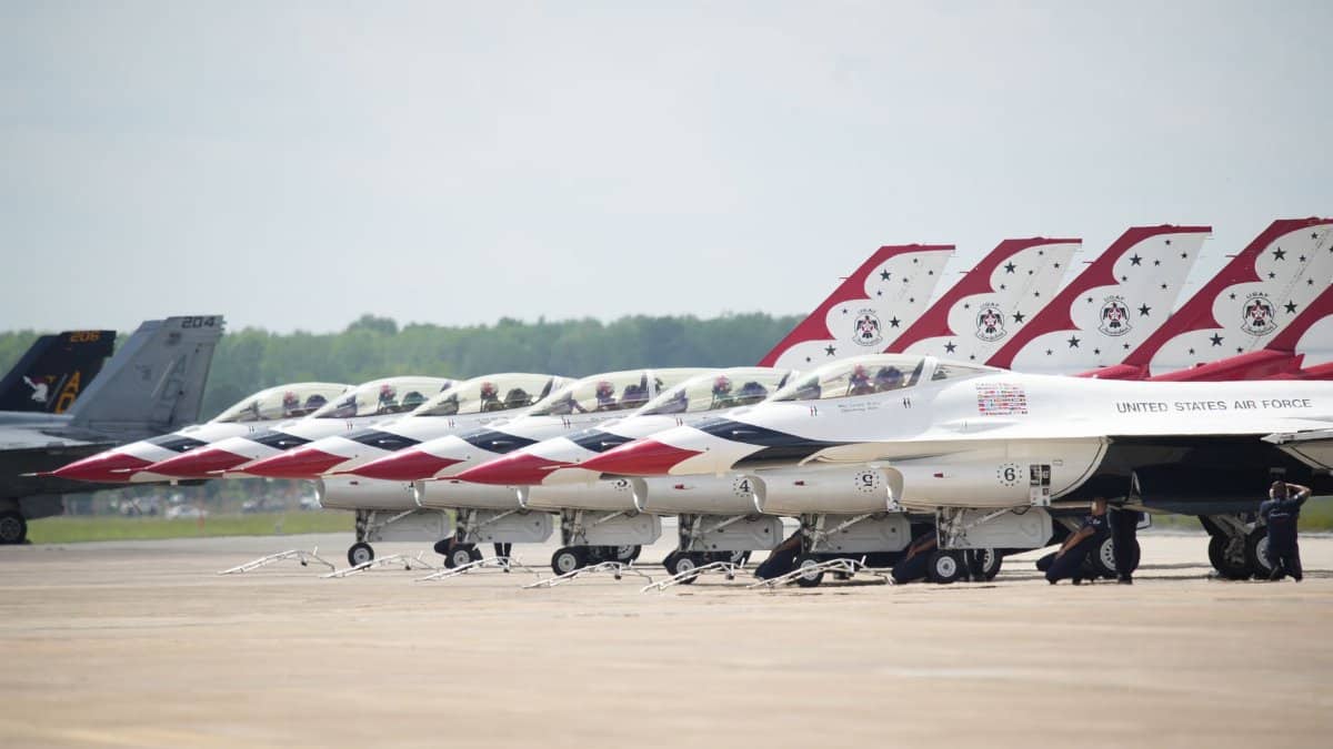 Lineup of US Air Force Thunderbirds at an air show in Hampton, Virginia.