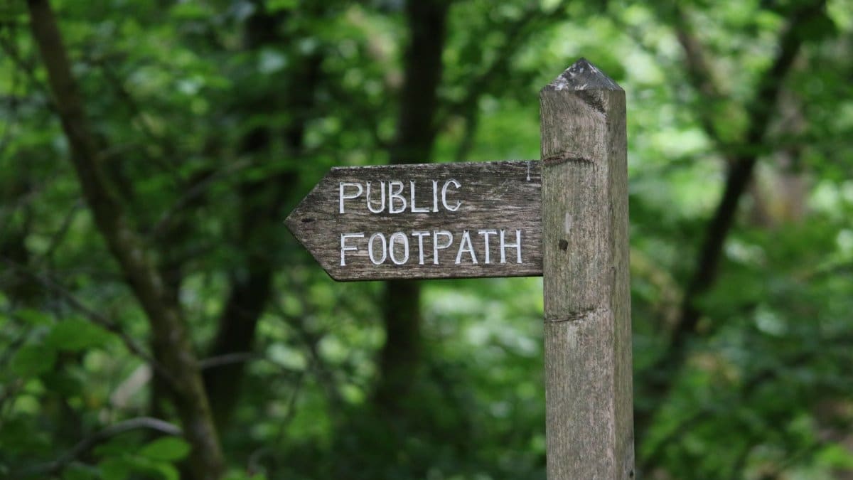 Rustic wooden signpost directing to a scenic public footpath in a verdant forest.