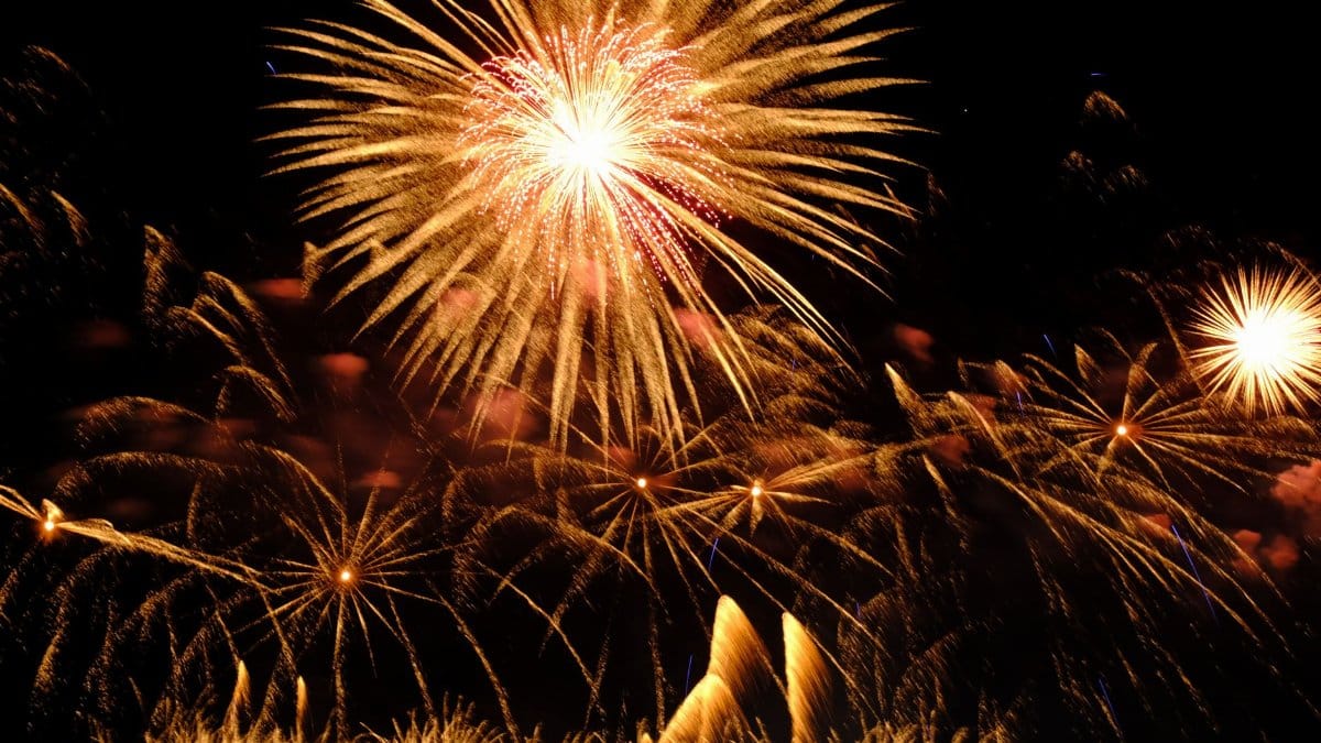 Dazzling fireworks explosion with golden sparks against a dark night sky.