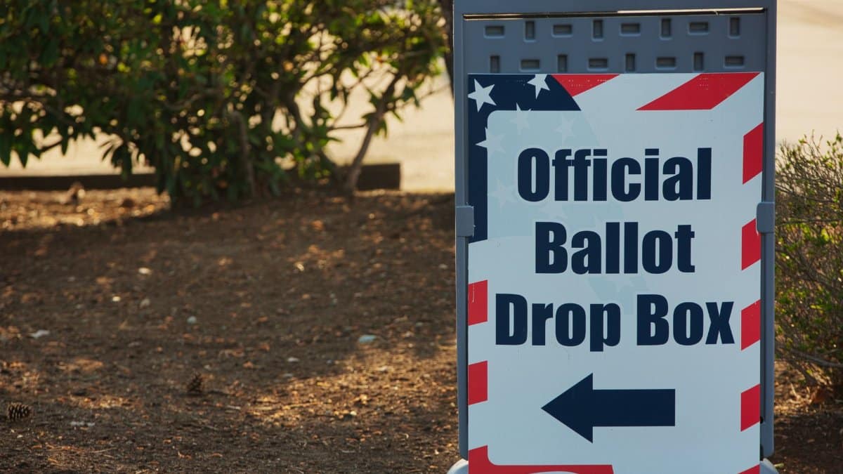 Photo of an official ballot drop box outside in Ferndale, WA, USA, during election season.