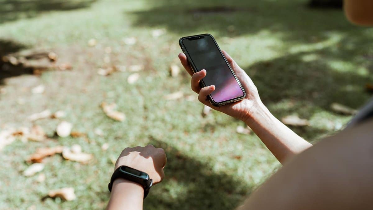From above crop unrecognizable female wearing fitness tracker browsing modern mobile phone with blank screen while resting in green park
