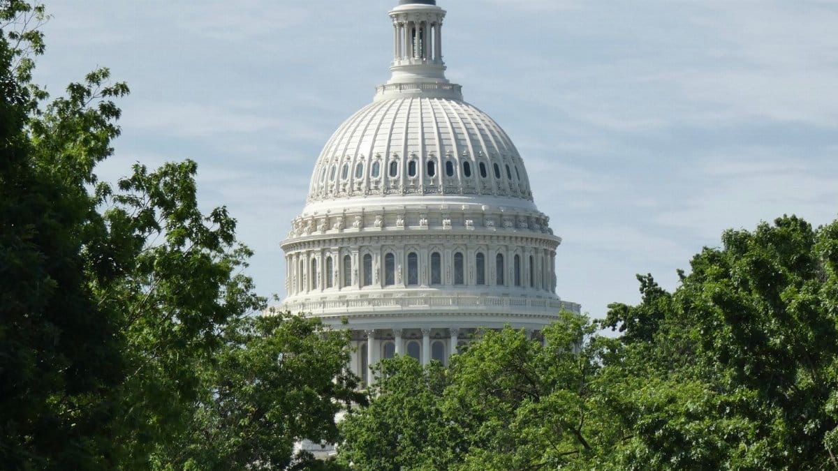 Dome of the United States Capitol in Washington, DC, framed by lush green trees.