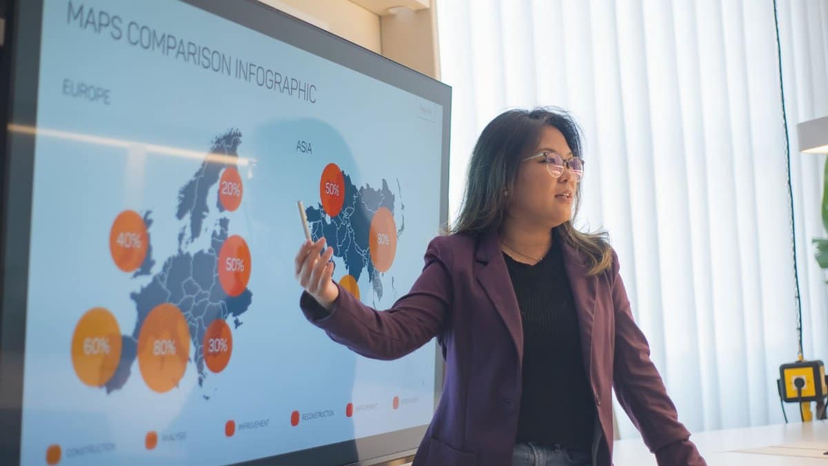 Asian woman presenting a business infographic on global market trends in an office setting.
