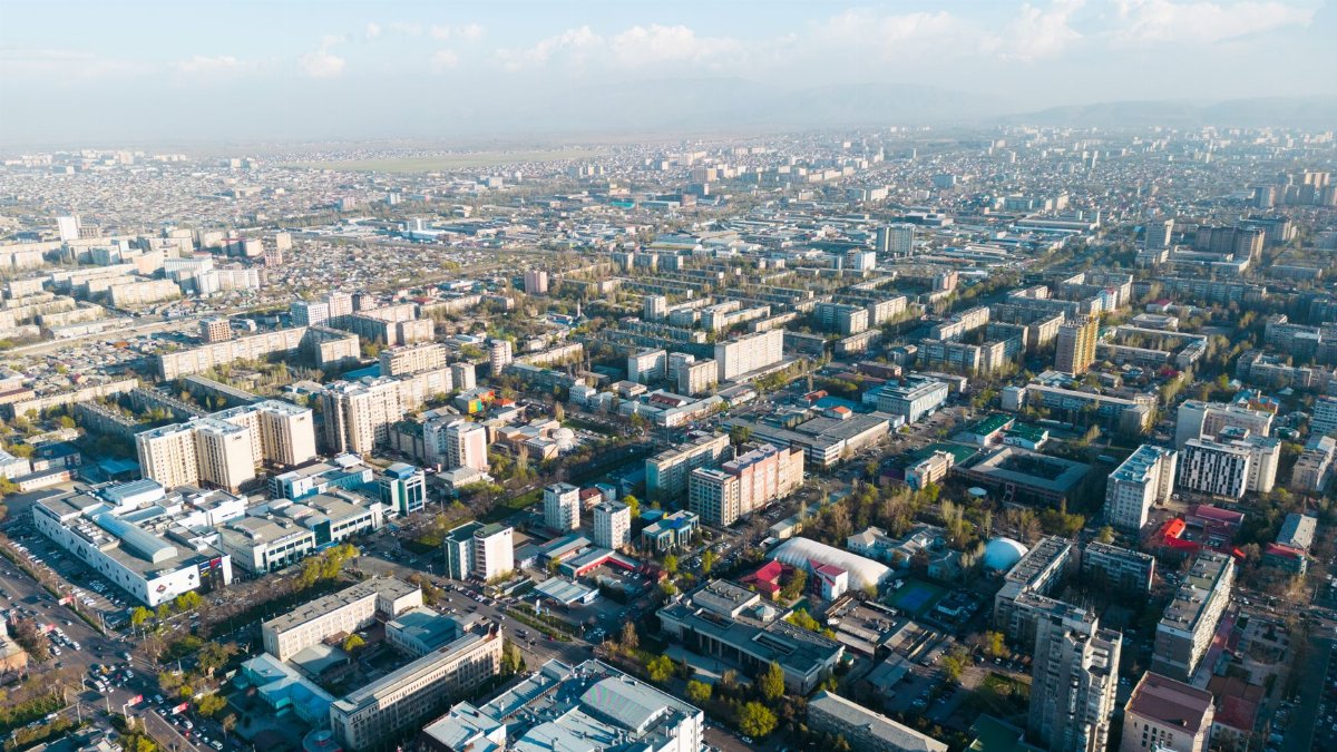 Stunning aerial view of Bishkek city showcasing urban development and architecture in Kyrgyzstan.