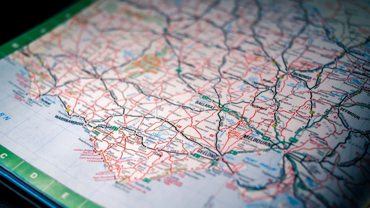 Close-up of a detailed road map highlighting routes in southeastern Australia.