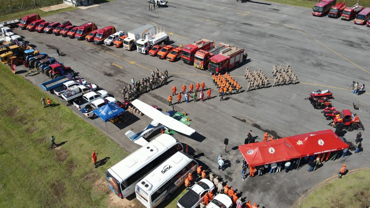 Aerial view of firefighters and equipment in training at an outdoor facility.