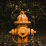 Bright yellow metal fire hydrant placed near bushes with green leaves in summer