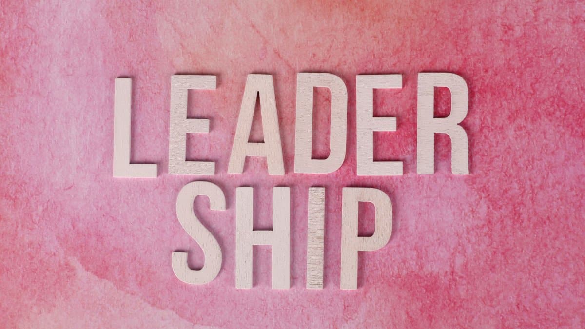 Text 'Leadership' on a textured pink background illustrating influence.