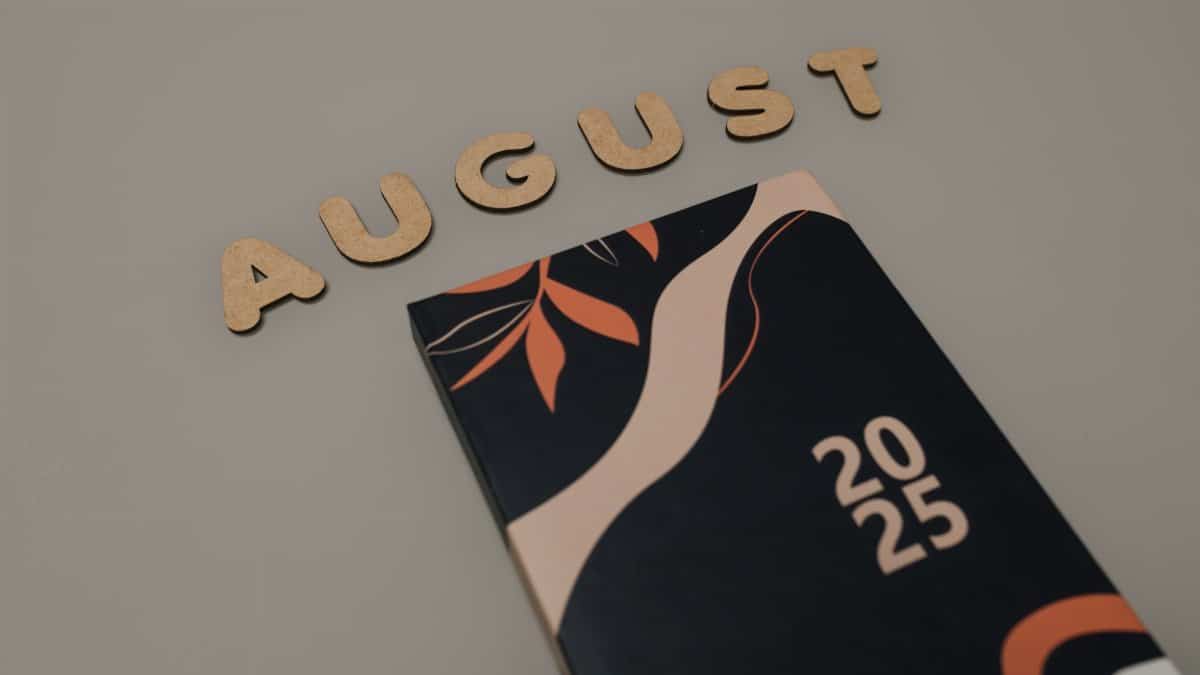 Flat lay of an August calendar with artistic design for 2025.
