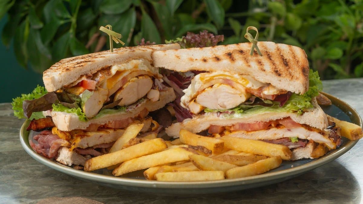 Appetizing club sandwich with fresh lettuce, tomatoes, and fries served on a plate.