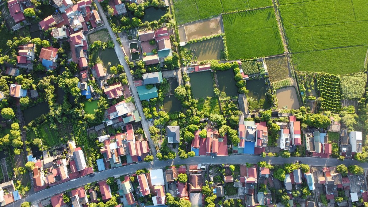 Aerial shot of a Vietnamese village and lush rice fields in Nam Dinh province.