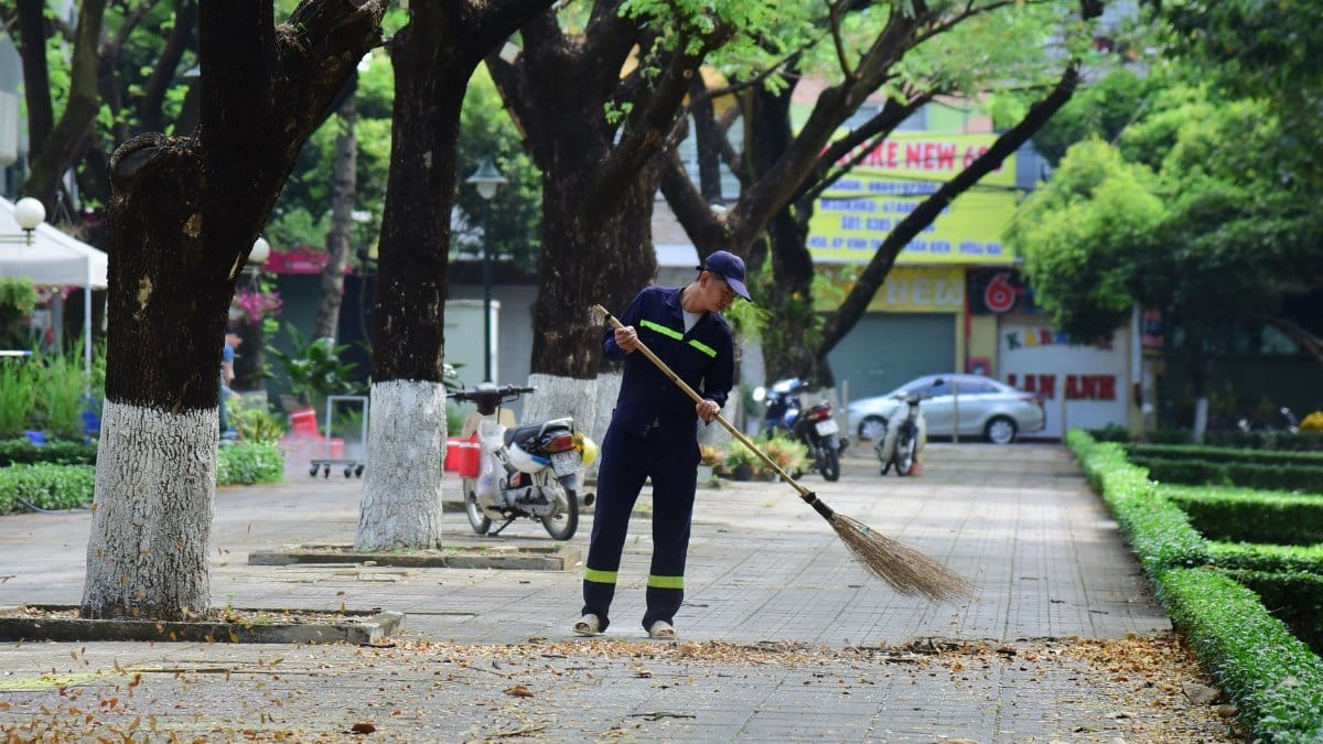 A street cleaner sweeps fallen leaves in a city park during daytime, showcasing urban maintenance.