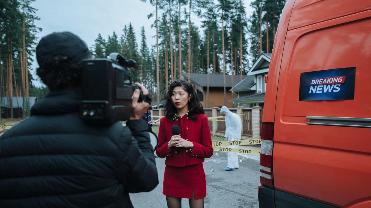 A reporter covering a crime scene outdoors with a cameraman and forensic specialist.