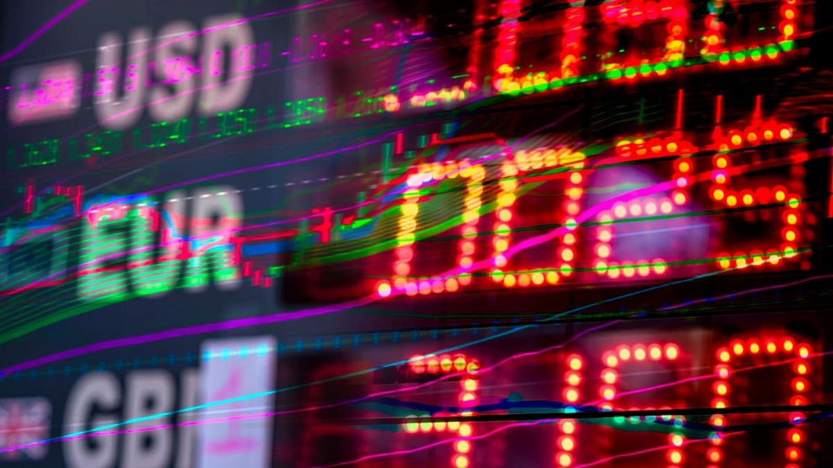 Vibrant stock market display showing exchange rates for USD, EUR, and GBP. Perfect for finance themes.