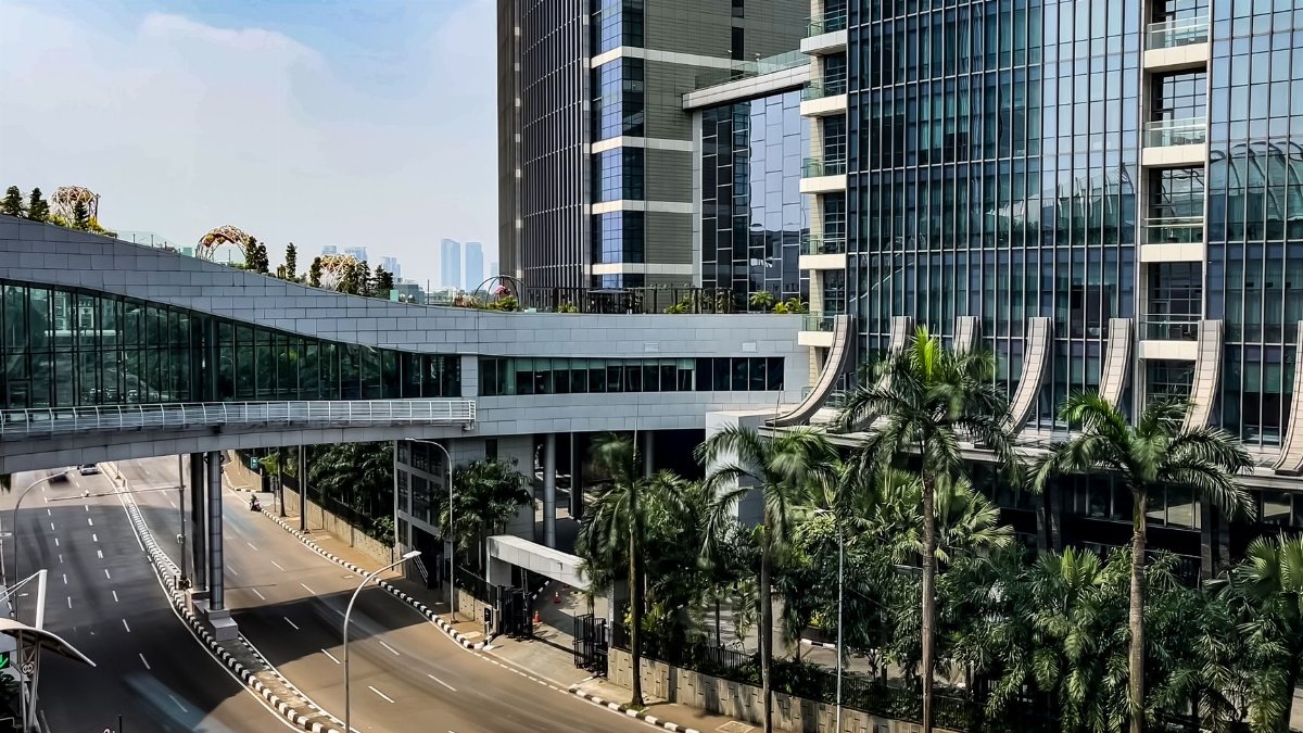 High-rise buildings and palm trees lining a quiet urban street on a clear day.