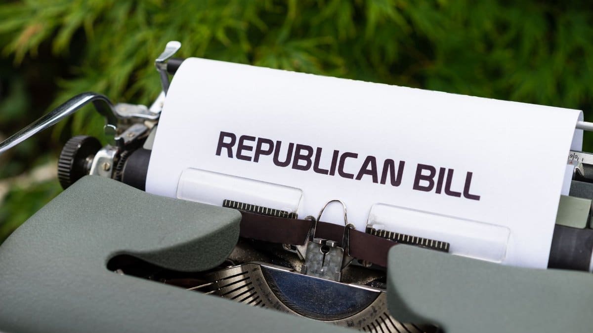 Typewriter displaying 'Republican Bill' in an outdoor setting.