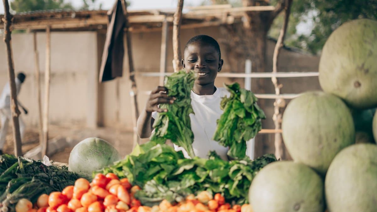 Young vendor organizing fresh vegetables at an outdoor market.