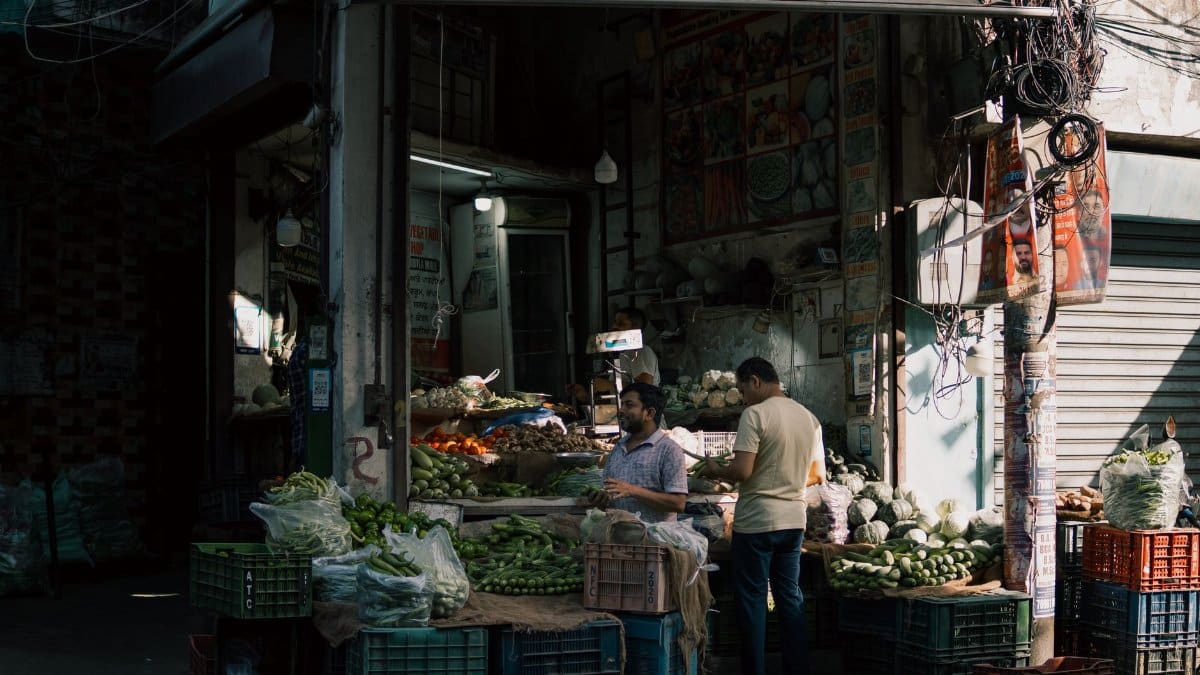 Street market scene capturing local vendors and fresh produce in Ludhiana, Punjab, India.