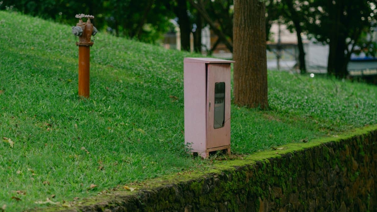 Pink utility box beside a fire hydrant on a grassy hill with trees and moss.