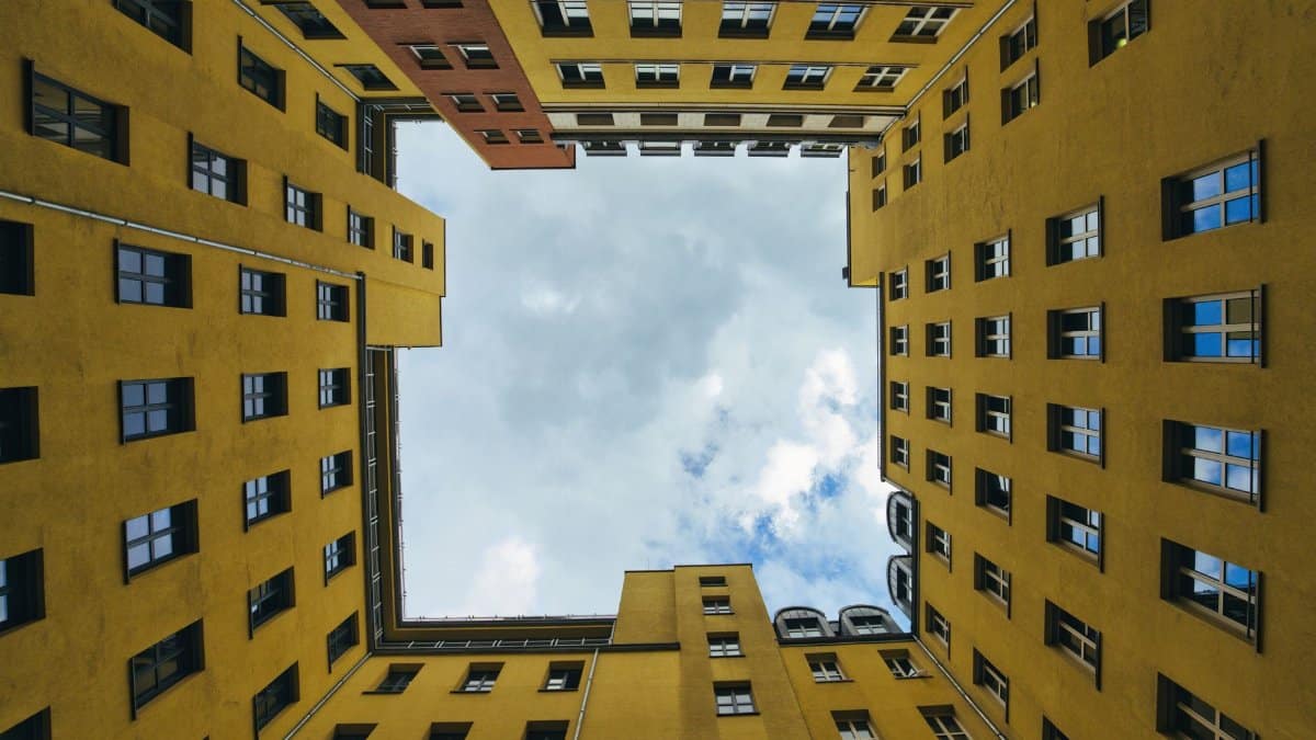 A view of geometric building symmetry in Berlin, Germany, focused on colorful facades.