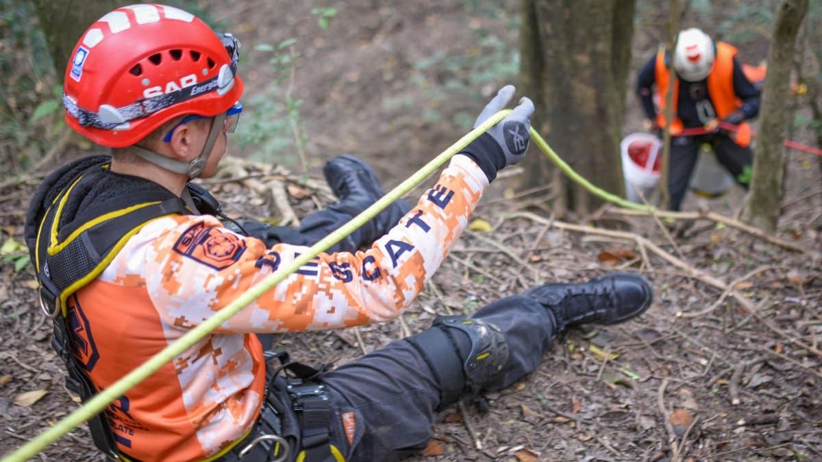Search and Rescue team conducting an operation on a forest slope using safety ropes and helmets.
