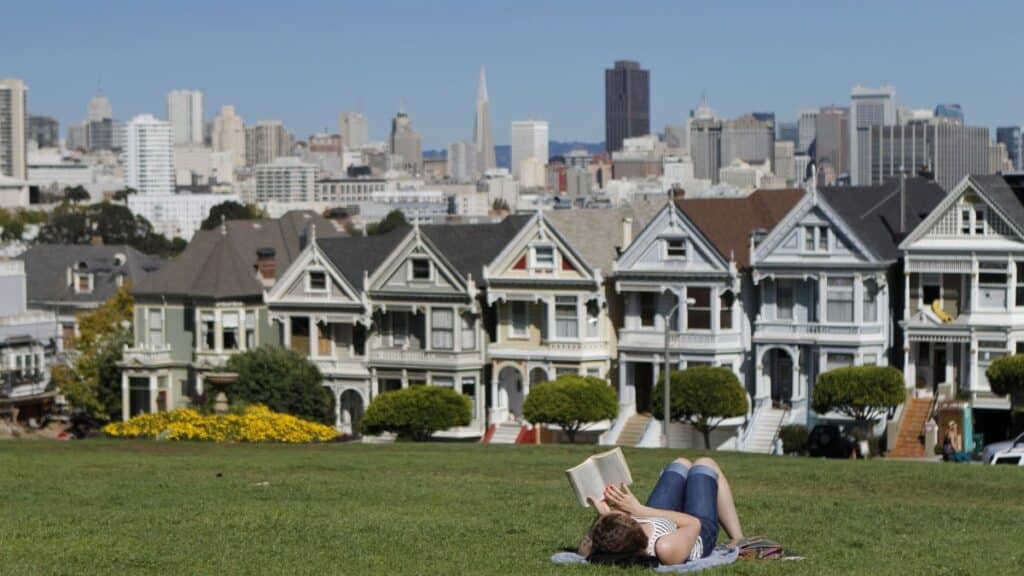 A woman reads in a park with San Francisco's iconic skyline and Painted Ladies in the background.