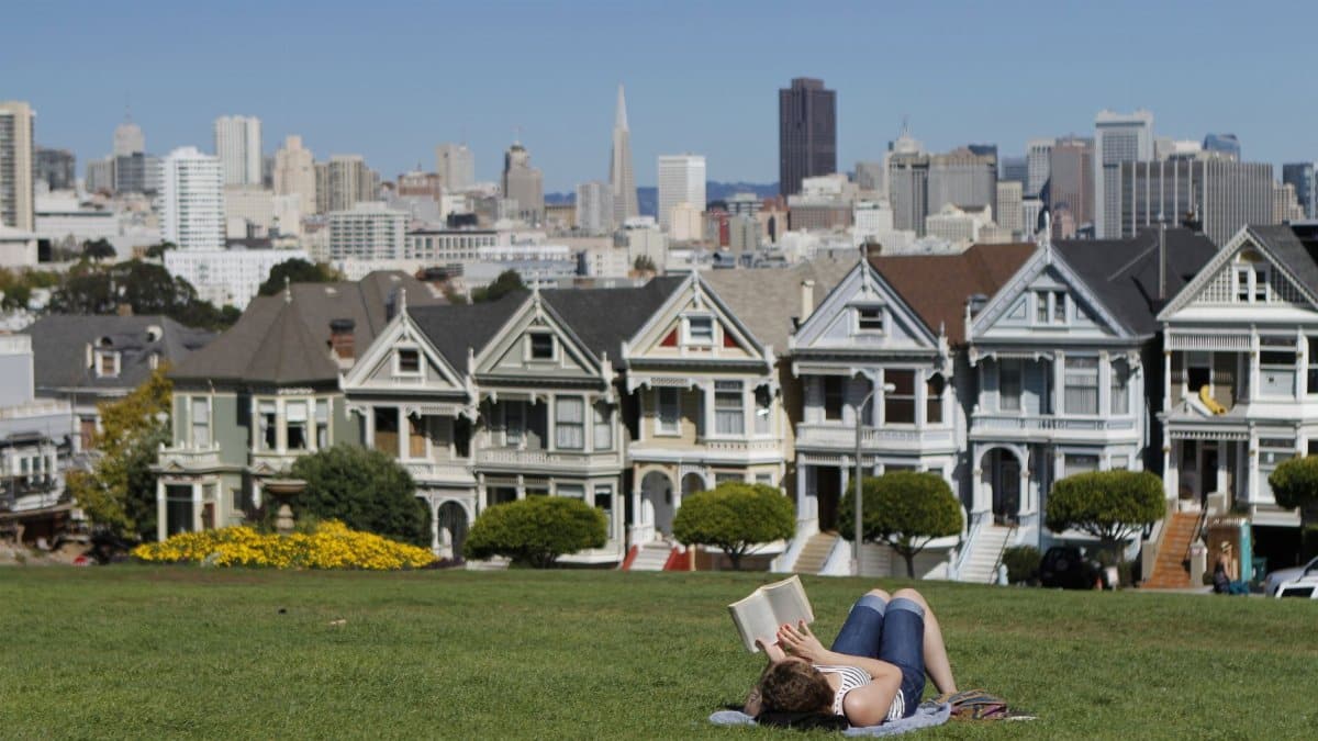 A woman reads in a park with San Francisco's iconic skyline and Painted Ladies in the background.